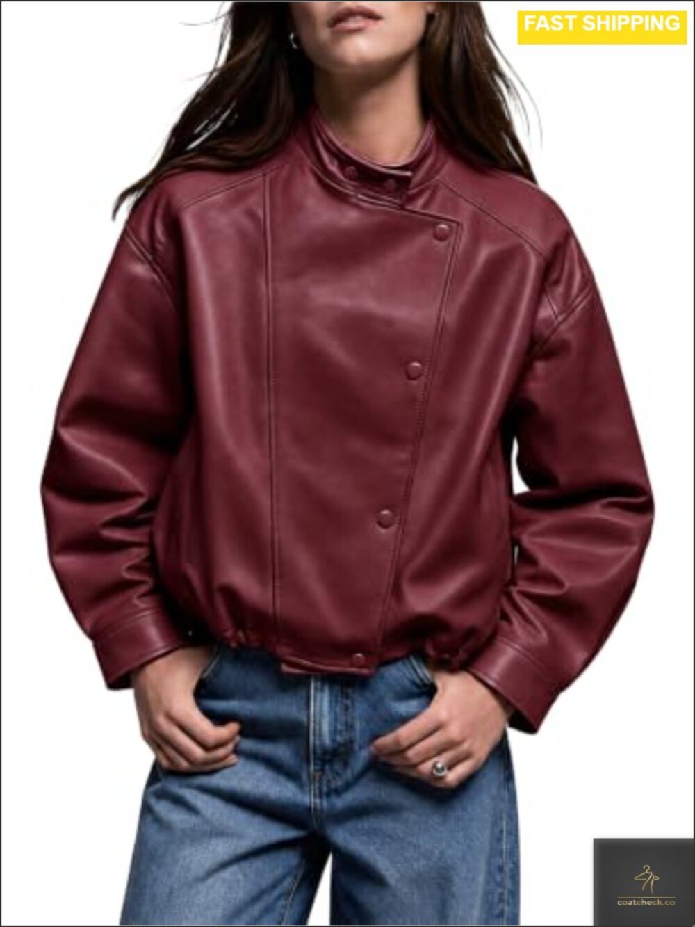 Oversized Faux Leather Moto Jacket Cropped Snap-Button Coat